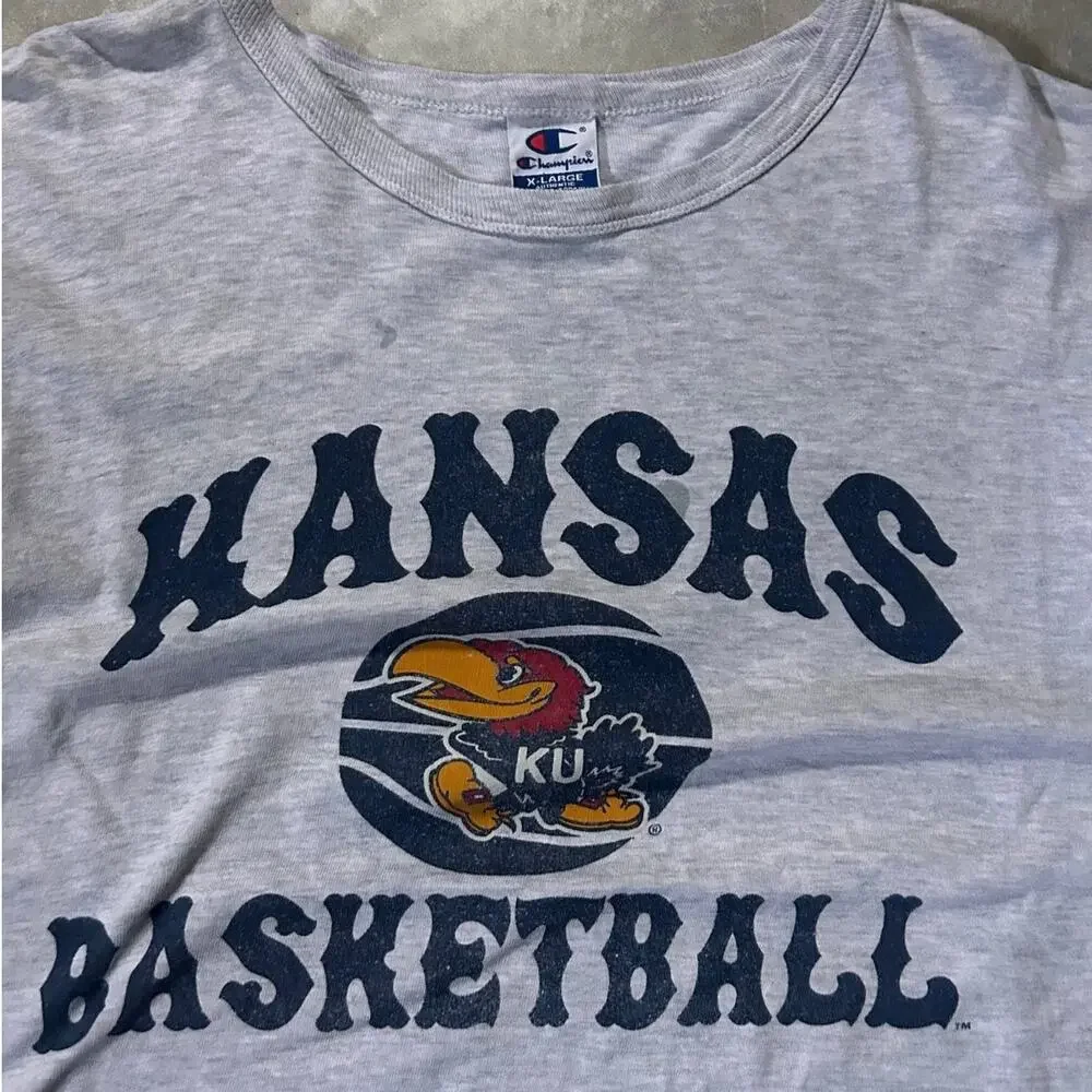 90's Vintage Kansas Jayhawk Basketball Champion Heather Grey T-Shirt -XL - Picture 2 of 5
